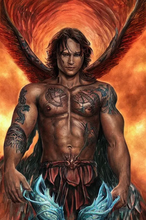 Image similar to front portrait of attractive sam winchester as a muscularshaman with demon wings wide open, teared apart shirt whole body tattooed with runes and symbols, d & d!, fantasy style, sharp focus!, ultra detailed, art by artgerm and peter andrew jones, wlop