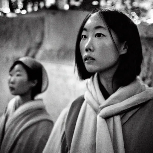 Image similar to black and white photo full shot of beautiful deep thinking Japanese women with perfect eyes and simetrical face, standing in the cementary at night, shot by Akira Kurosawa perfect cinematic light, 8k, highl details, sharp