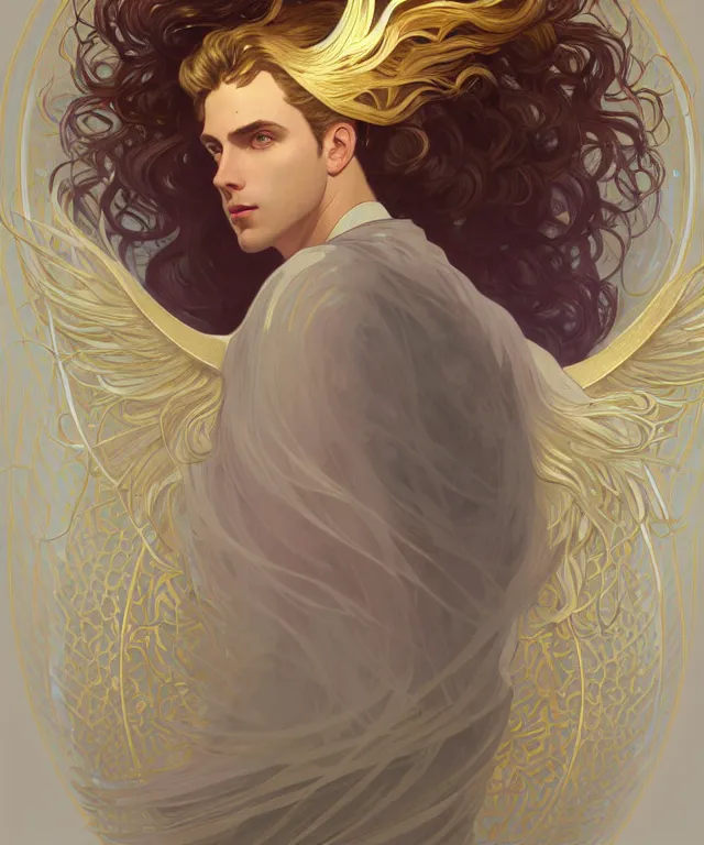 Image similar to symmetrical fullbody portrait of a beautiful young fit male angel with curly blond hairs, dressed in long fluent clothes, majestic big dove wings, luminous halo, by greg rutkowski and alphonse mucha, gradient white to gold, in front of an iridescent background, highly detailed portrait, digital painting, artstation, concept art, smooth, sharp focus illustration