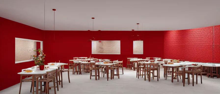 Image similar to a beautiful simple interior render of roasted string hotpot restaurant restaurant yan'an, wall corner, from china, red paper wall and white tile floor, rectangle white porcelain table, fine simple delicate structure, chinese style, simple composition, simple style structure decoration design, victo ngai, 4 k hd