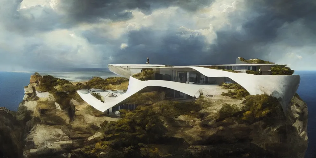 Image similar to beautiful oil matte portrait painting, modern house on top of a cliff designed by zaha hadid, wonderful masterpiece, highly detailed, beautiful cinematic light, deep focus, elegant, digital painting, smooth, sharp focus, golden ratio, dramatic illumination, ultra realistic, 8 k, art by artemisia lomi gentileschi and caravaggio