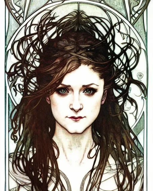 Image similar to in the style of artgerm, arthur rackham, alphonse mucha, evan rachel wood, symmetrical eyes, symmetrical face, flowing white dress