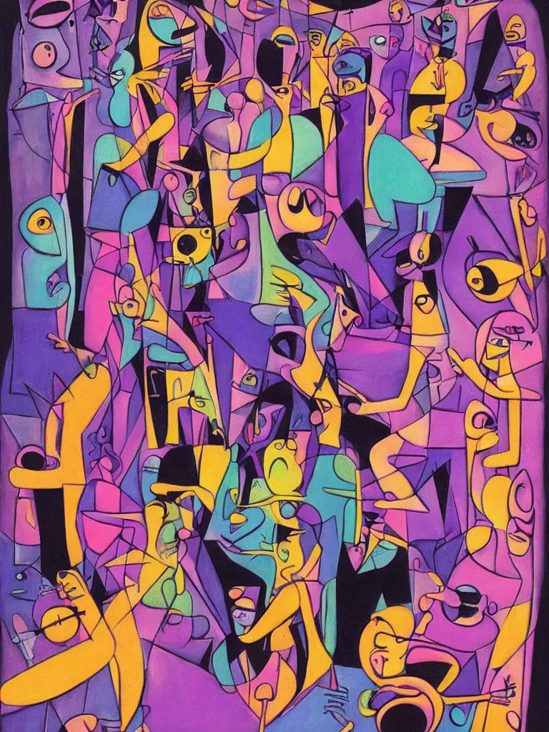 Prompt: a minmal surrealist painting of a dark nightclub full of drunken people, art by victor brauner, aesthetically pleasing and harmonious neon colors, purple, blue, pink, aqua, expressionism