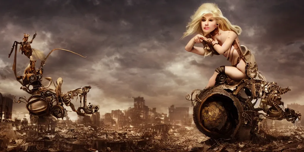 Prompt: a beautiful blond woman riding a giant steampunk ant in a destroyed city, 8 k, moody lighting, shallow depth of field,