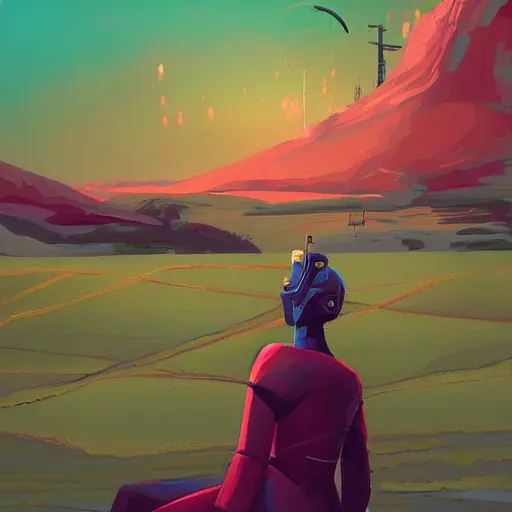 Prompt: Woman and her robot against the world. To be alive. Beautiful landscape. Rough strokes and grainy. Interesting colour scheme. Detailed. Beautiful digital artwork by artist Lurid. (2022)