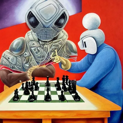 Image similar to beautiful lifelike painting of mf doom in a chess tournament with godzilla, hyperreal detailed facial features and uv lighting, art by ed roth and basil wolverton