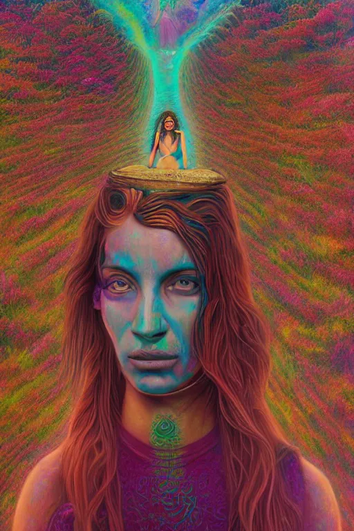 Image similar to ayahuasca tripping girl third eye open, chakra energy waves resonating from her body, ethereal aura, epic surrealism 8k oil painting, portrait, perspective, high definition, post modernist layering, by Sean Yoro, Casey Weldon