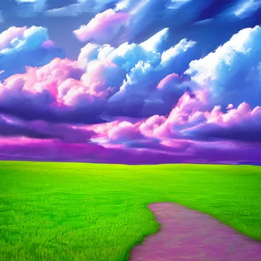 Image similar to digital art of a lush green field and a big pink sky with big fluffy clouds