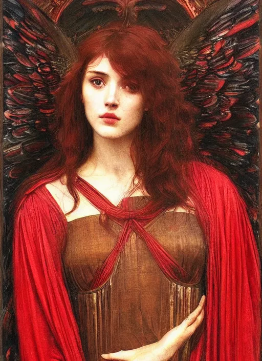 Image similar to portrait of beautiful female archangel in red robes, pre - raphaelite painting by john william waterhouse, trending on art station. highly detailed, symmetrical face.