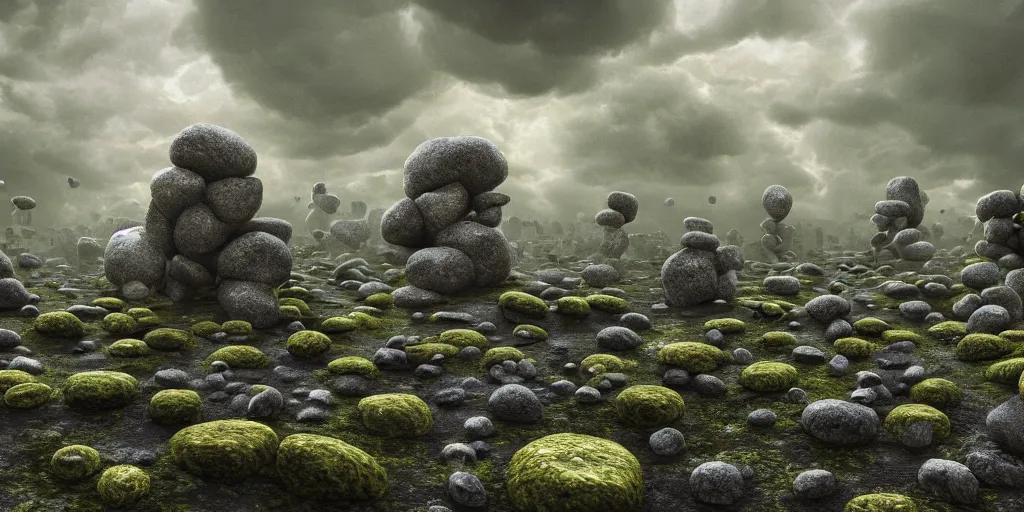 Image similar to Photorealistic crowd of fungus people made from fungus. Magically floating rocks, with ominous storm clouds, strange levitating stones, stones falling from the sky, a gentle rising mist. occult photorealism, UHD, amazing depth, glowing, golden ratio, 3D octane cycle unreal engine 5, volumetric lighting, cinematic lighting, cgstation artstation concept art