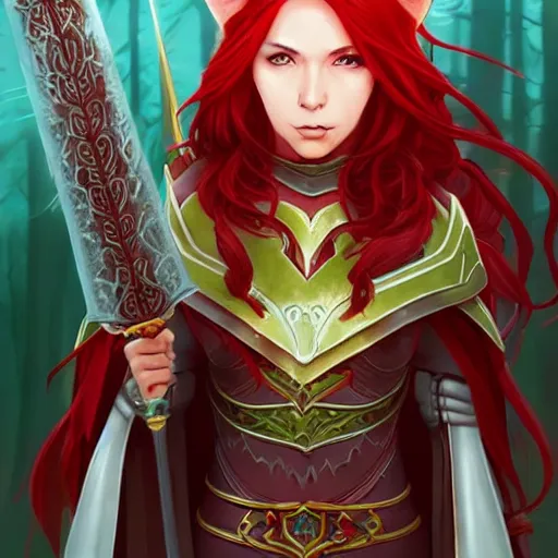 Prompt: a female elven cleric with red long hair, very good beautiful heavy scale armor, wearing a cape, casting a fire spell, dungeon background, magical, bright, colorful, fantastic lighting, amazing details, 4 k uhd, illustration by stephanie brown and mingchen shen and ilya kuvshinov, artstation, pixiv, concept art,