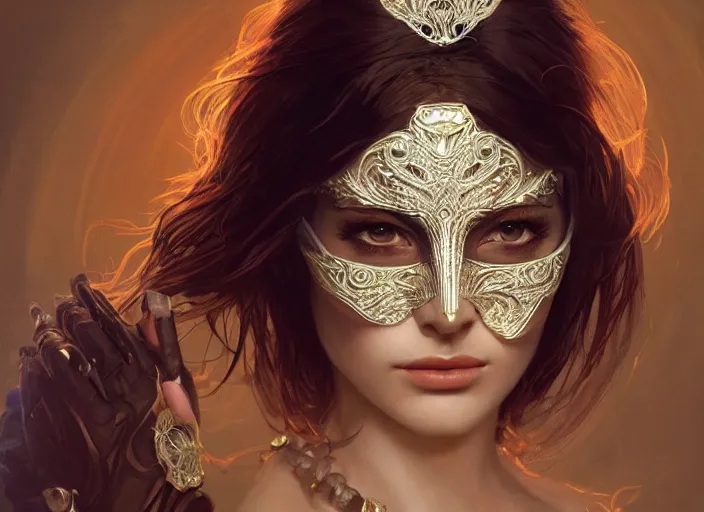 Image similar to masked, perfectly-centered-Portrait of the most beautiful woman on the planet , intricate, highly detailed, artstation, concept art, concept render, octane, redshift, smooth, sharp focus, illustration,award-winning, Unreal Engine 5, 8K, art by artgerm and greg rutkowski and alphonse mucha