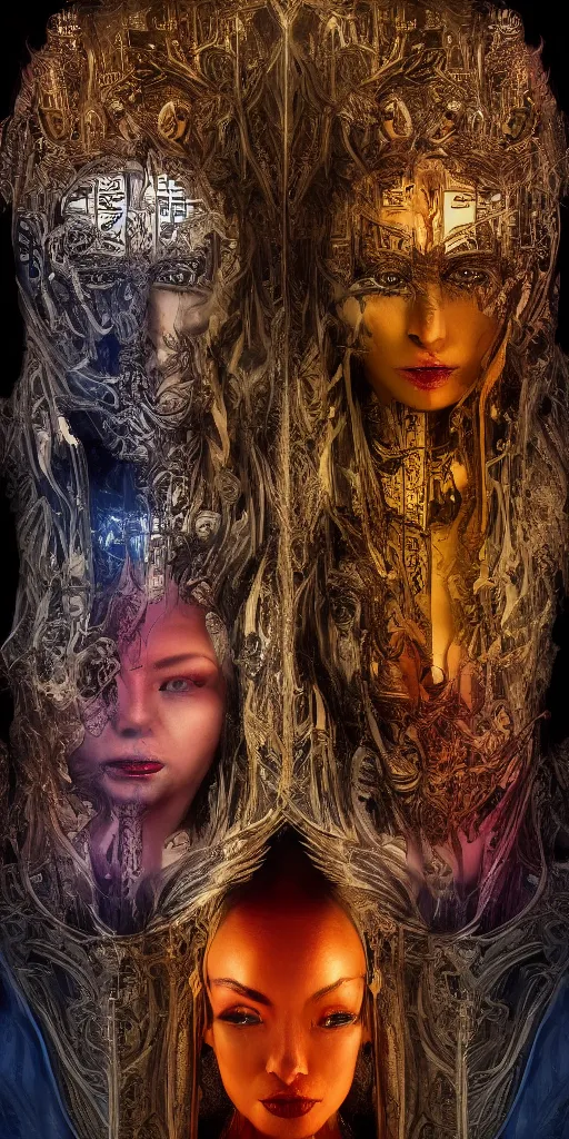 Image similar to HDR portrait photography of two Deities vertically mirrored between utopia on the top and the underworld on the bottom. The Benevolent Cyborg Queen in utopia on the top, mirroring The Evil Cyborg King in the dark underworld on the bottom. Coherent portraits, ethnic fantasy, intricate, elegant, highly detailed, African, Egyptian, Aztec, Mayan, digital painting, trending on ArtStation, HDR photo, smooth, sharp focus, illustration, art by artgerm and greg rutkowski and alphonse mucha