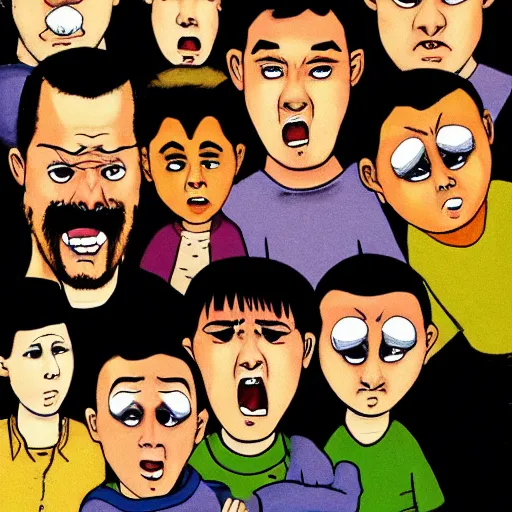 Prompt: a dozen furious faces hovering over a cowering child