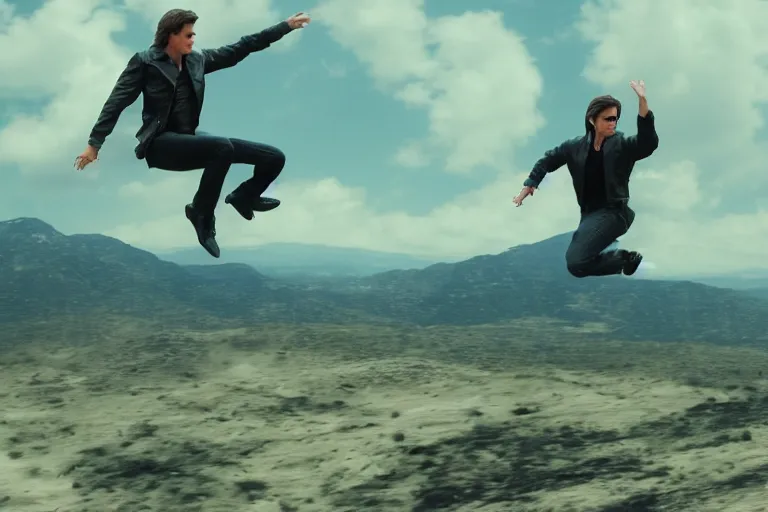 Image similar to a cinematic still of (tom cruise!!!!!), jumping, oprah winfrey show, ((((octane render, nvidia raytracing demo))))