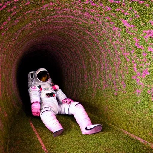 Prompt: astronaut lying down in a tunnel with pink grass