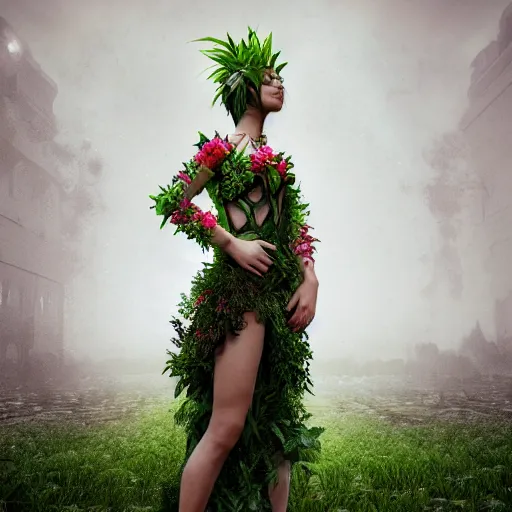 Image similar to beautiful girl in a dress made of plants, beautiful portrait, symmetrical, character concept style trending on artstation concept art detailed octane render cinematic photo - realistic 8 k high detailed