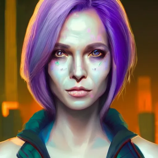 Image similar to A beautiful and detailed portrait of a middle-aged beautiful girl that has bright implants on her face and an angry-desperate look on her eyes. Red eyes trail, bokeh cyberpunk city background, artstation, violet-blue palette, vignette, by artgerm,