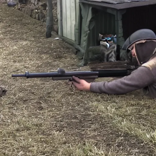 Prompt: House cat firing an MG 42