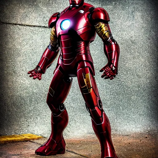 Prompt: photorealistic shot 50mm , full body, stained and rusted heavily dented iron man suite, HDR color, metal oxide texture