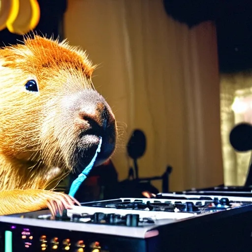 Image similar to Capybara DJing at a club, HD photograph, award-winning