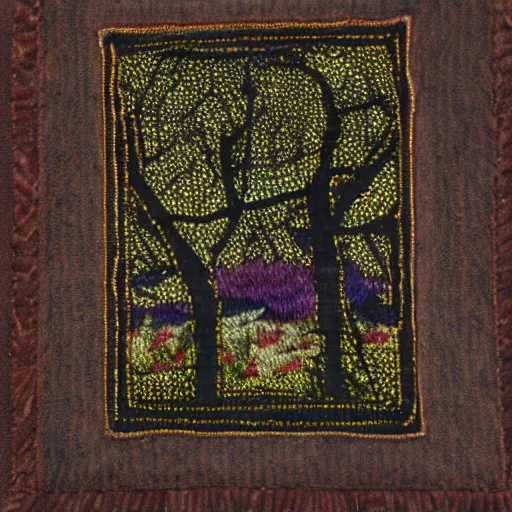 Image similar to from a dark forest, a clearing, a figure against the light, embroidery image large