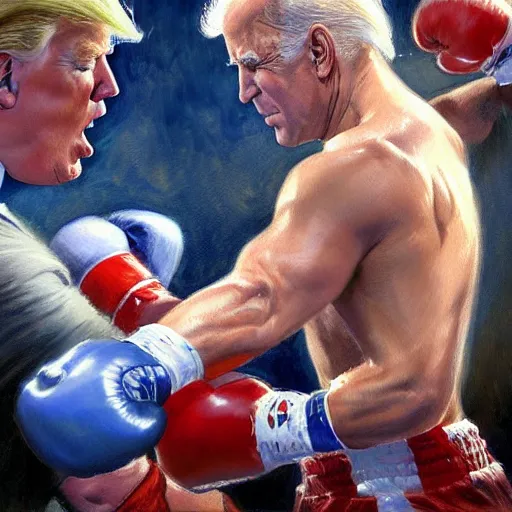 Image similar to a beautiful painting of donald trump fist - fighting joe biden in a boxing ring, rendered art, highly detailed painting by gaston bussiere, craig mullins, j. c. leyendecker 8 k, trending on artstation, art, fighting, watercolor