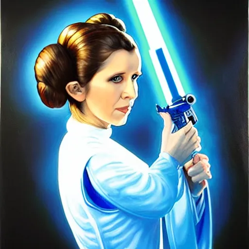 Image similar to painting of Princess Leia holding a blue lightsaber
