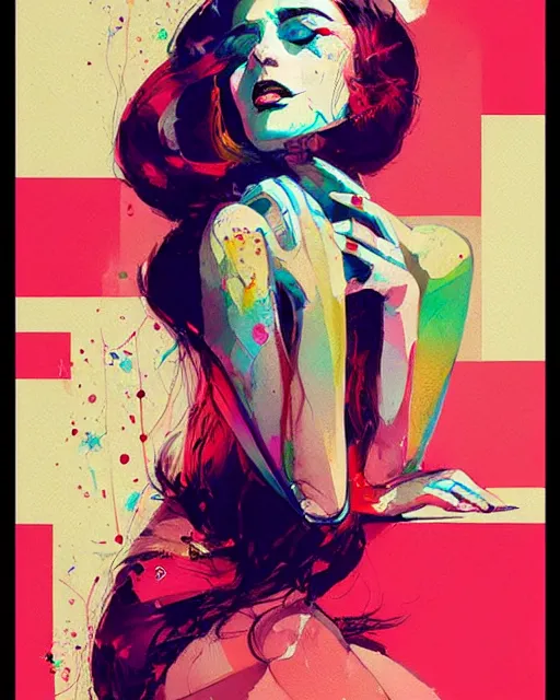 Image similar to an ultradetailed beautiful painting of a stylish woman with colorful band aids, concert poster, retro, conrad roset, greg rutkowski