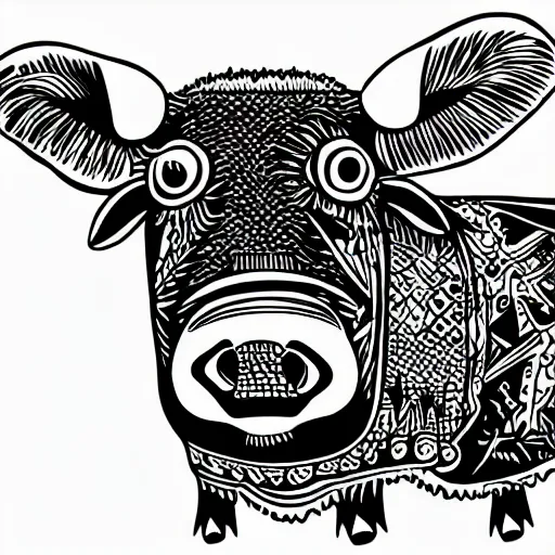 Image similar to antichrist, cow, pig, sheep, chicken, white on black vector ink drawing