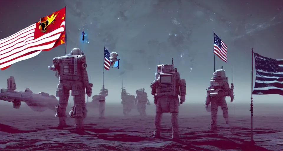 Prompt: space war between china and usa, desaturated, moebius, china flag, usa flag, complementing colors, maschinen krieger, beeple, film, atmospheric perspective