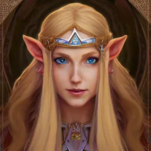 Image similar to portrait of princess zelda from hyrule, nose ring, upper body, blonde hair, long hair, joyful smirk, intricate, elegant, highly detailed, digital painting, artstation, concept art, matte, sharp focus, illustration, art by artgerm and greg rutkowski and alphonse mucha