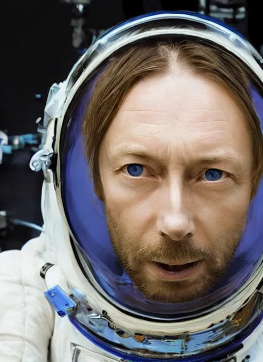 Image similar to calm thom yorke singer songwriter frontman, in spacesuit filling up with water, ultrafine detail, hyper realistic face, beautiful blue eyes, black spherical pupils, eyes reflecting into eyes reflecting into infinity, eyes reflecting into eyes reflecting into infinity