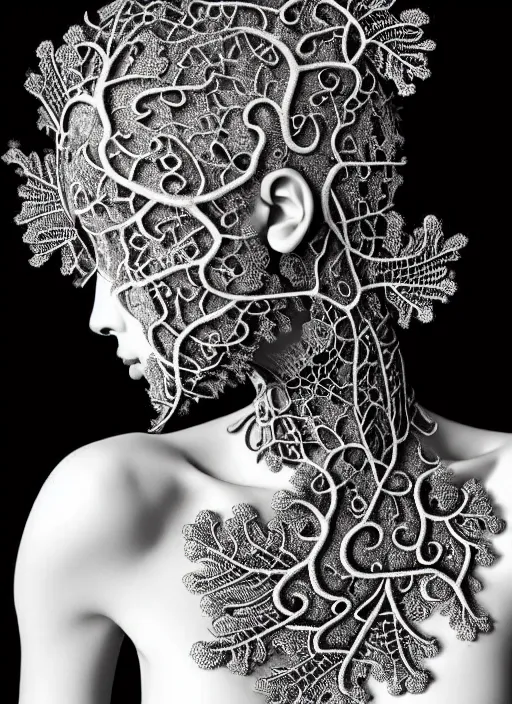 Image similar to surreal black and white photo portrait of complex bio-mechanical beautiful young female vegetal-cyborg with a Mandelbrot fractal metal fine lace face, curled silver hair, 150 mm lens, soft rim light, fine metal floral foliage super big lace collar by Alexander McQueen, high fashion, haute couture, rococo, steampunk, silver filigree details, anatomical, facial muscles, cable wires, microchip, elegant, hyper realistic, octane render, unreal engine, in the style Dora Maar, volumetric lighting, 8k,