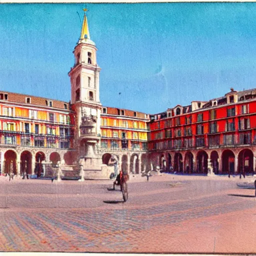 Prompt: coloured postcard of the fountain at la plaza mayor de madrid in 1 9 2 7 ; bromide real photo card with some additional hand - colouring