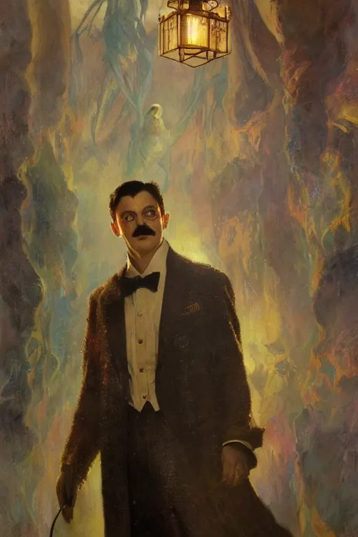 Prompt: gomez addams as doctor who, radiant light, caustics, heroic, bright iridescent light, by gaston bussiere, bayard wu, greg rutkowski, maxim verehin bloom dramatic lighting