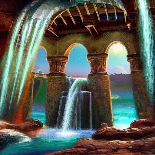 Prompt: ancient ottoman structure and waterfalls, epic retrowave art, trending on art station