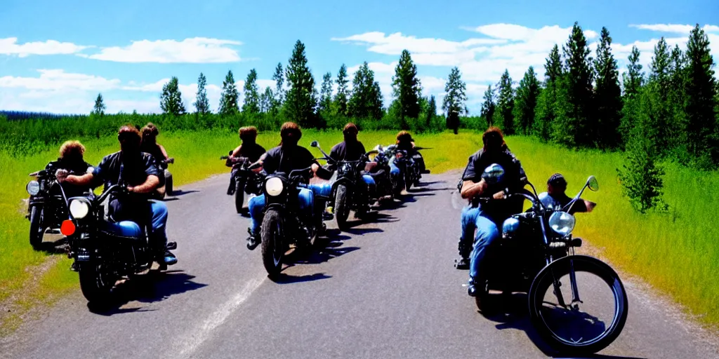 Image similar to motorcycle gang riding in finland, summer, moebius style