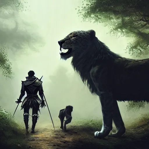 Prompt: a knight dressed in black armor walking his pet lion in a forest,dramatic,detailed face,digital art,art by greg rutkowski,Akihiko Yoshida,artstation,deviantart,photorealistic,highly detailed,calm,natural lighting,hyperdetailed