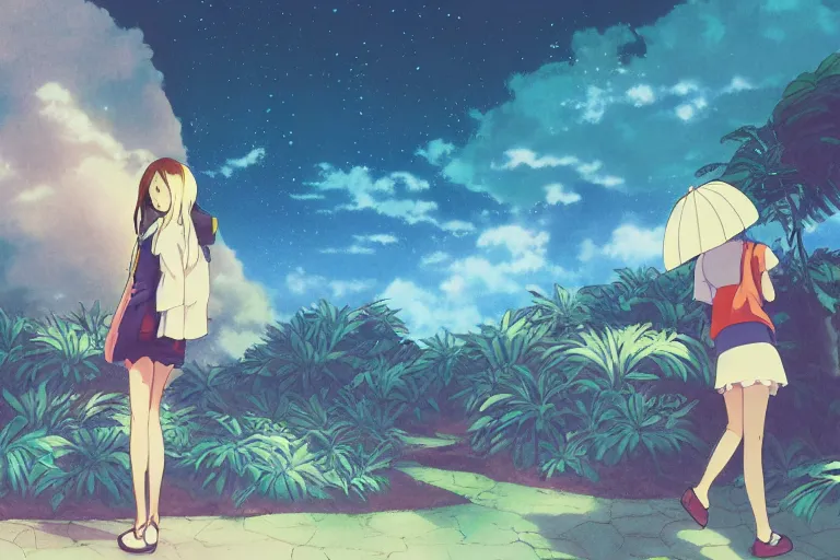 Image similar to anime woman walking, tropical island, night time, wide angle, by studio ghibli, yuumei, anime, hazy, foggy, ambient lighting, cottagecore,