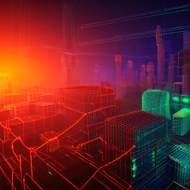 Image similar to 3 d render of glowing futuristic voxel abstract blocks tied together with chains, abstract cubes connected with wires, in the distance a cyberpunk blockchain city is seen, blockchain, symmetry, painted, intricate, volumetric lighting, beautiful, rich deep colors masterpiece, sharp focus, ultra detailed, in the style of dan mumford and marc simonetti