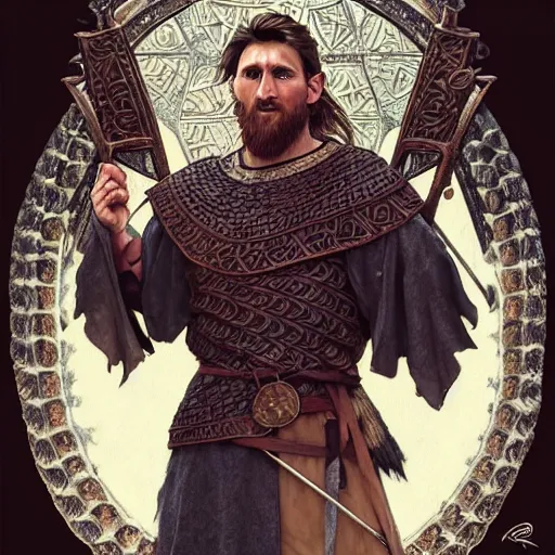 Image similar to Messi as a viking, D&D, fantasy, intricate, elegant, highly detailed, digital painting, artstation, concept art, matte, sharp focus, illustration, art by Artgerm and Greg Rutkowski and Alphonse Mucha