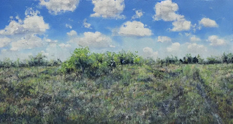 Image similar to an endless flat world of concrete, overgrown with vegetation, blue sky with clouds, beautiful painting, oil on canvas, by Ewa Czarniecka, award winning masterpiece,