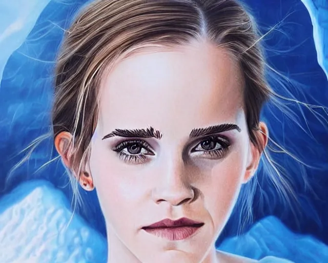 Prompt: photorealistic painting of emma watson in an ice cave, detailed, heavy makeup on face