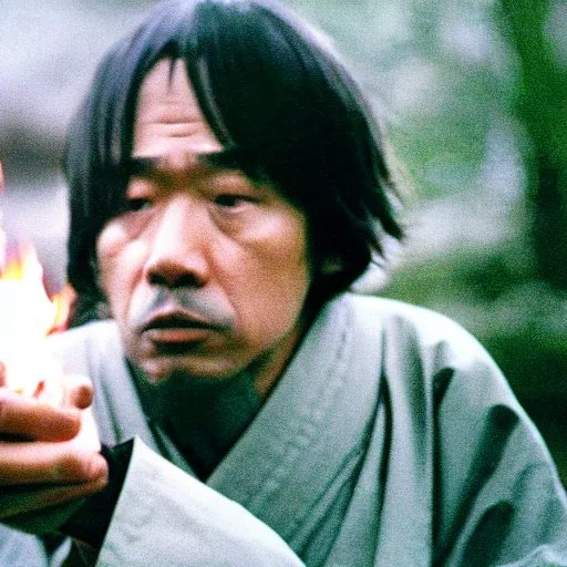 Prompt: cinematic film still of JID starring as a Japanese Sensei with fire, Japanese CGI, VFX, 2003, 40mm lens, shallow depth of field, film photography