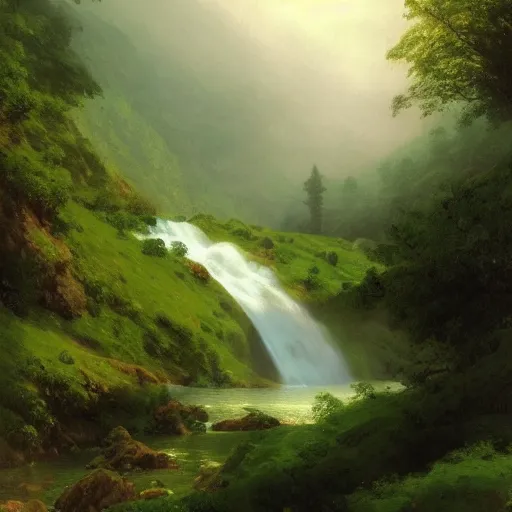 Image similar to Waterfall in a beautiful, green, lush paradise, creating mist in the lake below, trending artstation, cgsociety, 8k, hdr, hyper-detailed, digital painting by Aivazovsky