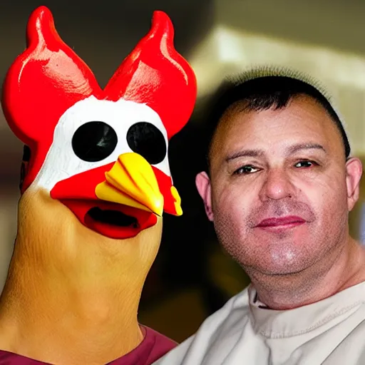 Prompt: inmate with chicken face and chicken head