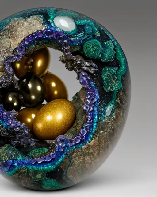 Image similar to a photo of a sculpture of a snake from blue and emerald and amethyst crystal geode formations encircling a marble egg on a base of obsidian made with liquid gold tendrils by ellen jewett by stanisław szukalski, octane render, recursive, tendrils, elestial crystals, geode, refracted light