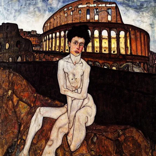 Image similar to a highly detailed painting by egon schiele of a young woman with black hair having an existential crisis on a terrace overlooking the colosseum, 4 k