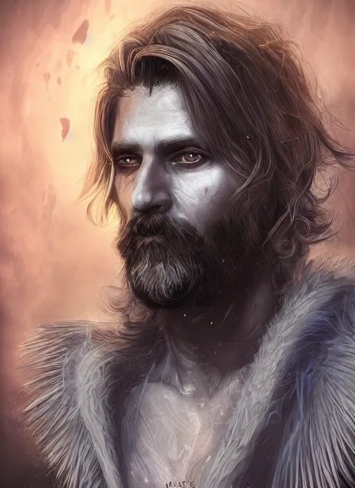 Prompt: an epic fantastic realism comic book style portrait painting of an aasimar warlock, mid thirties, male, shaggy silver hair, short brown beard, d & d concept art, unreal 5, daz, petrol aesthetic, octane render, cosplay, rpg portrait, dynamic lighting